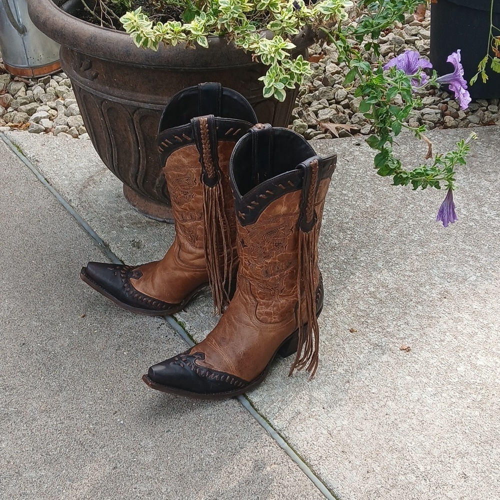 Lucchese Bootmaker Wingtip Natural Tucson Calf fringe cowgirl boots M5023 sz 9 - Picture 12 of 16